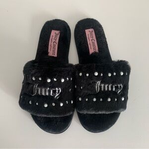 Juicy Couture Black Faux Fur Slides with Pink Logo Tag